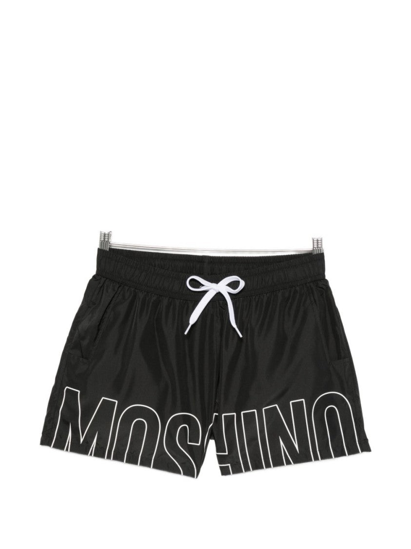 Moschino Black Logo Print Drawstring Swim Shorts