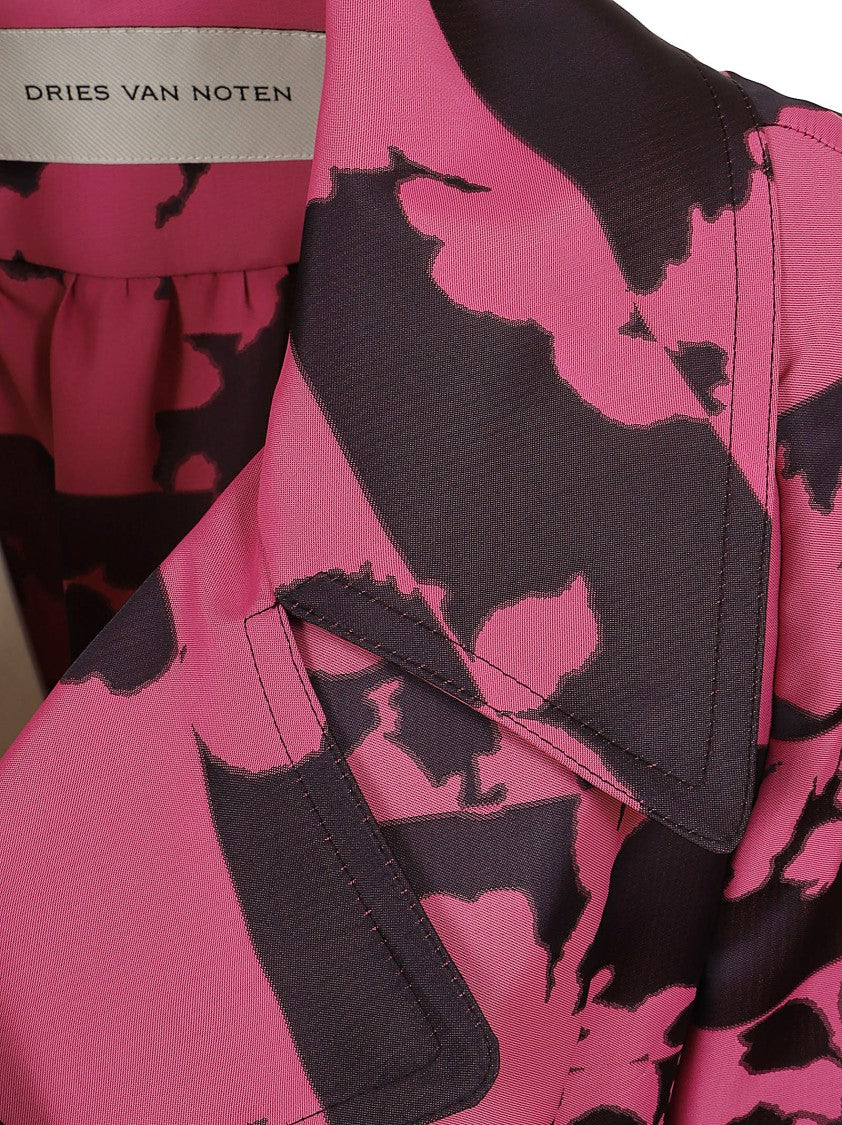 Dries Van Noten Abstract Floral Printed Midi Trench Coat With Belt