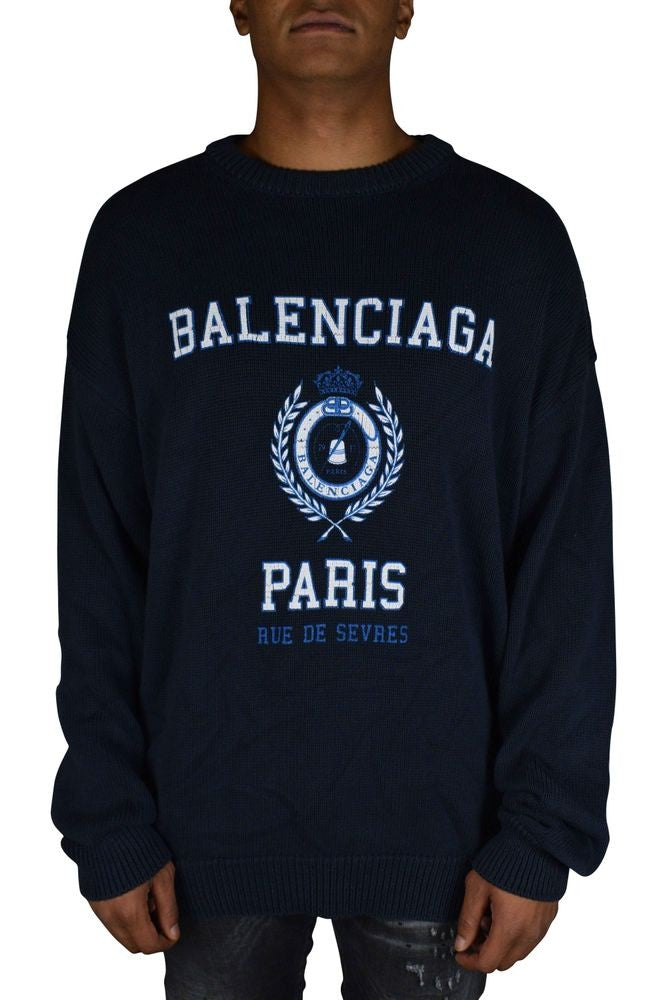 Balenciaga Navy Blue Knit Sweater With Logo Print