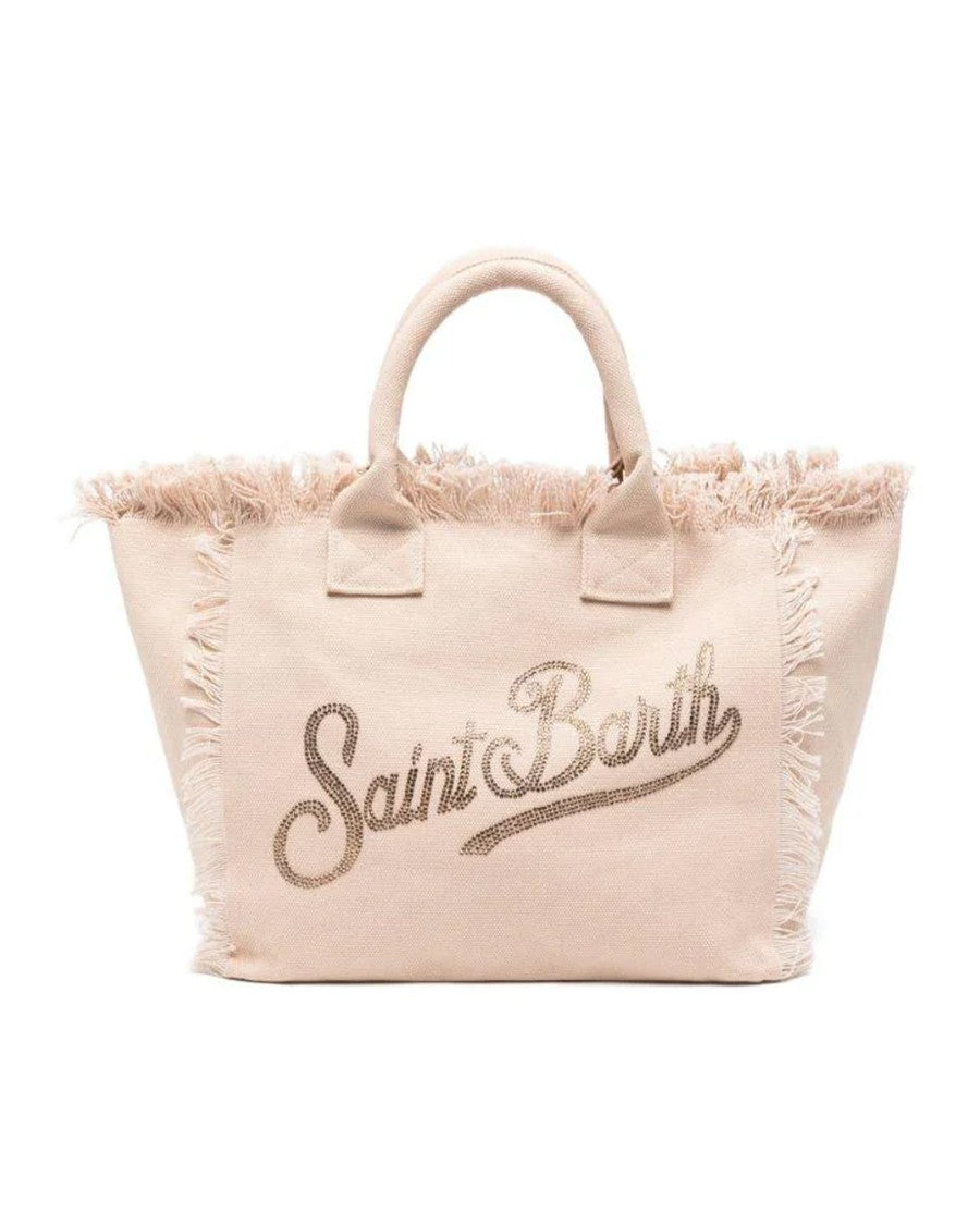 Mc2 Saint Barth Fringed Cotton Canvas Tote With Strass Logo