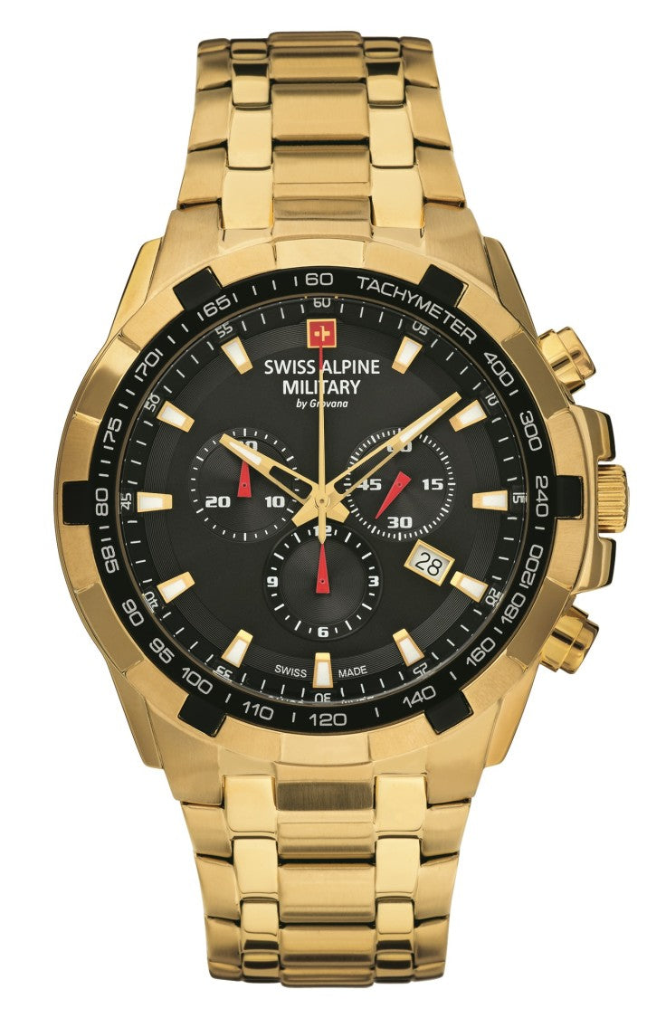 Swiss Alpine Military Chronograph Swiss Alpine Military Watch With Gold-Tone Metal Bracelet And Black Dial