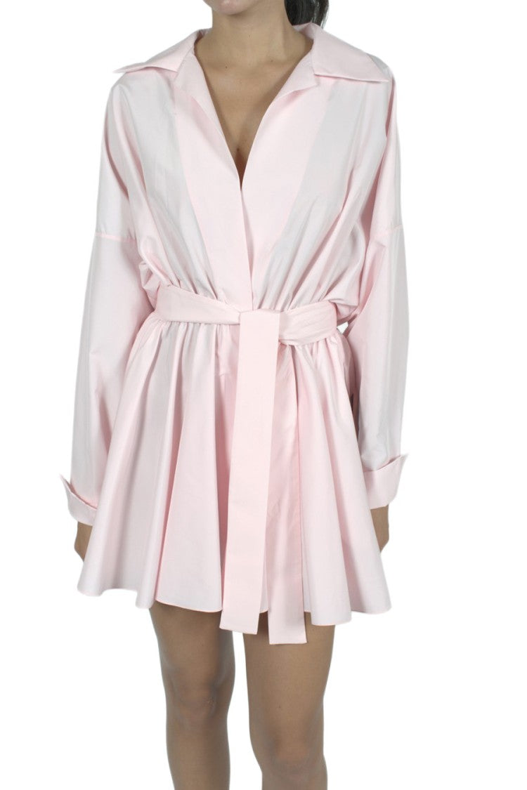 Norma Kamali Light Pink Collared Long-Sleeve Belted Polyester Mini Dress