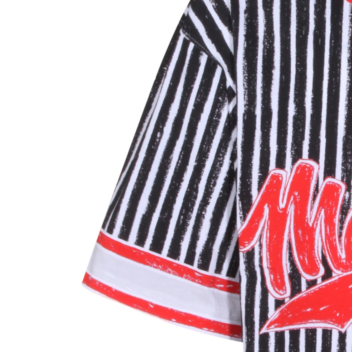 Moschino Short-Sleeve Black And White Vertical Stripe T-Shirt With Bold Red Accents