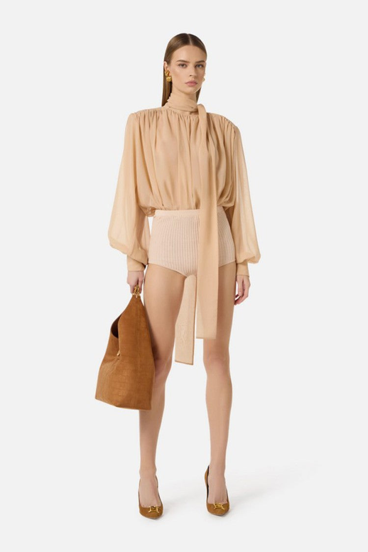 Elisabetta Franchi Beige Tie-Neck Bishop Sleeve Silk Bodysuit