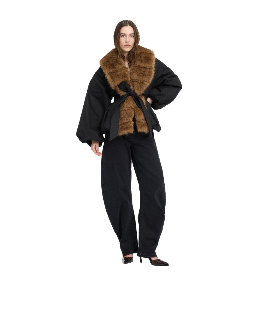 Rotate Contrast Textured Jacket With Bold Synthetic Fur Collar