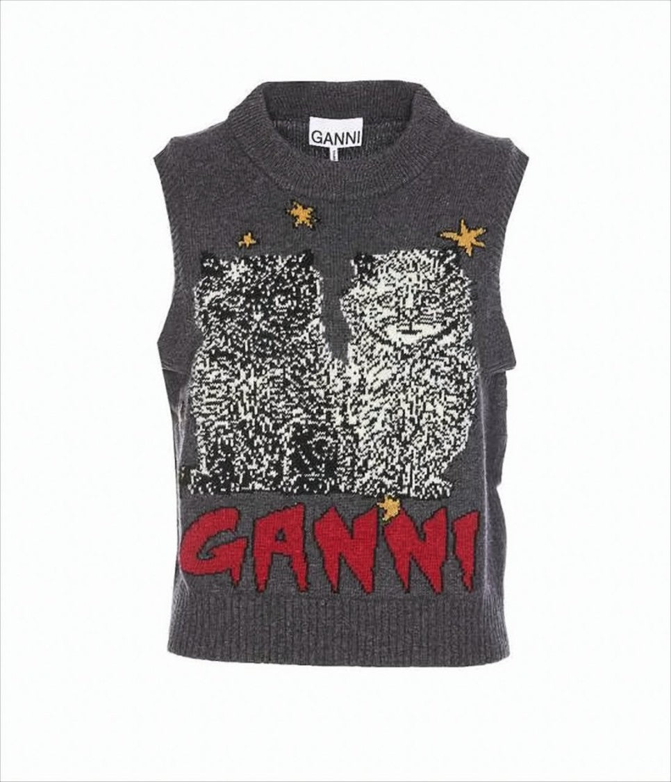 Ganni Sleeveless Knit Vest With Graphic Cat Design
