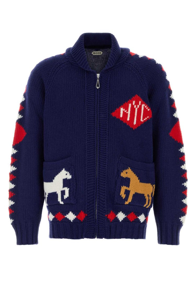 Bode Blue Wool Diamond Cardigan