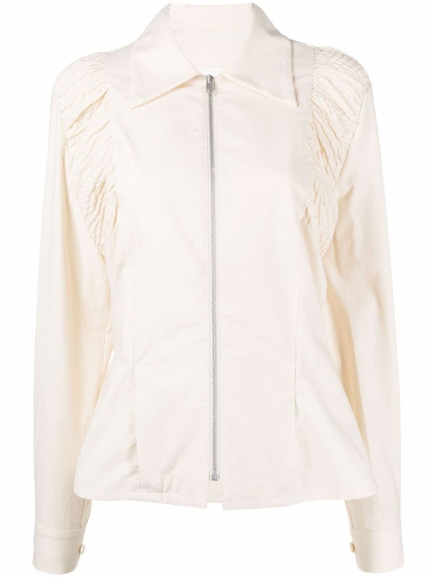 Maison Margiela Long Sleeve Cotton Shirt With Ruched Shoulders And Zipper Closure