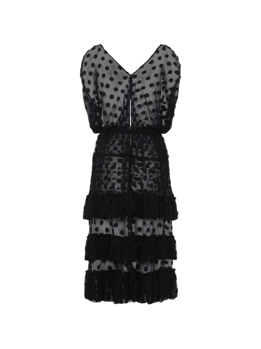 Dries Van Noten Black Polka Dot Ruffled Mesh Dress