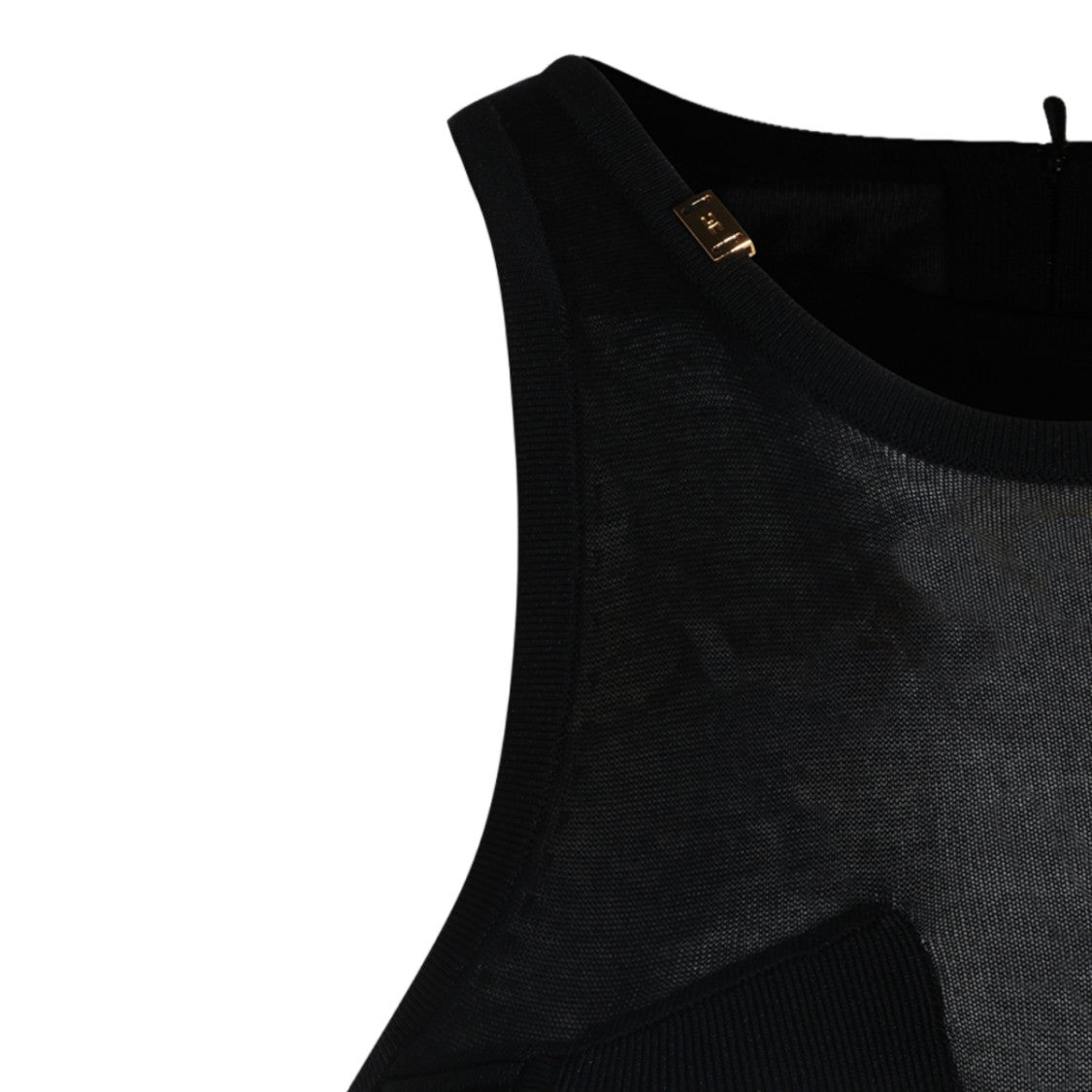 Elisabetta Franchi Form-Fitting Black Jumpsuit With Sheer Mesh Panel And Ribbed Detailing