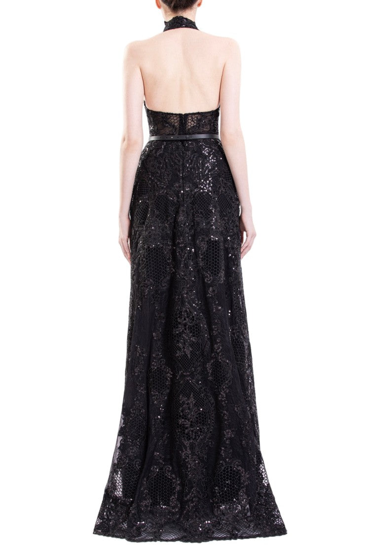 Saiid Kobeisy Floor-Length Embroidered Lace Dress With Halter Neckline And A-Line Overskirt