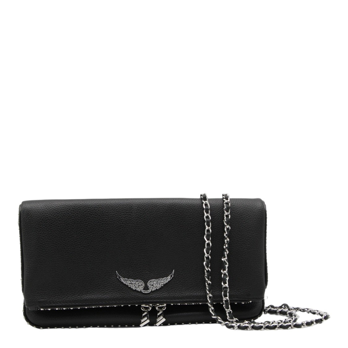 Zadig & Voltaire Textured Black Flap Bag With Metallic Wing Emblem