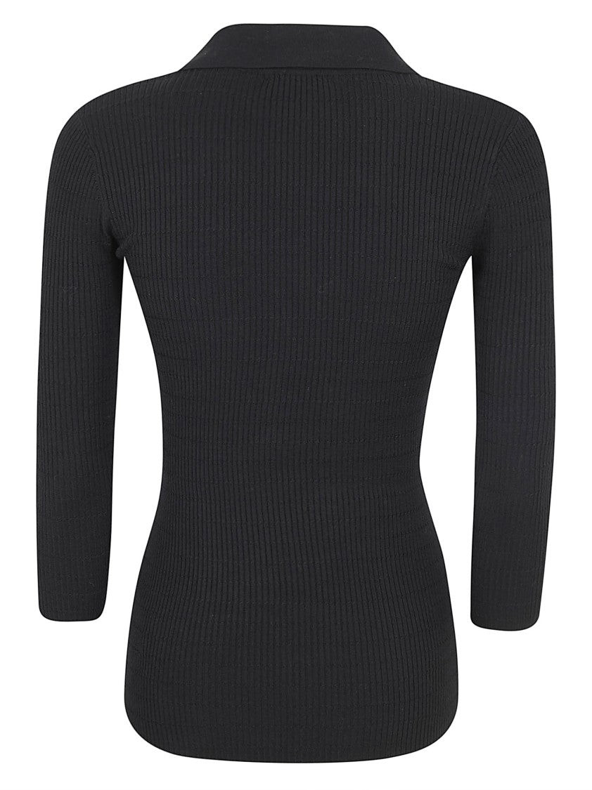 Elisabetta Franchi Fitted Ribbed Knit Sweater With Deep V-Neckline And Gold Accents