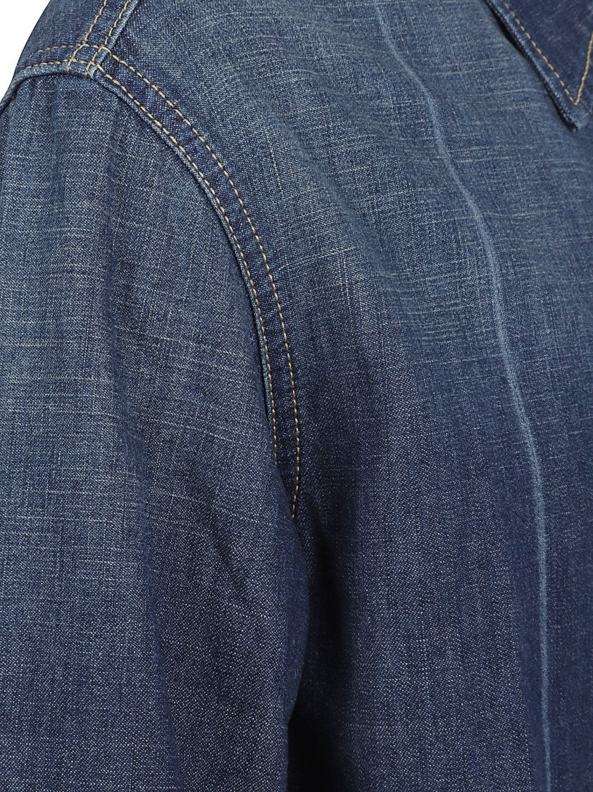 Givenchy Indigo Blue Long-Sleeved Denim Shirt With Leather Detail