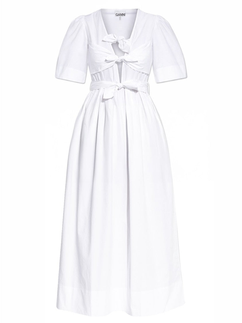 Ganni V-Neck Cotton Puff Sleeves Midi Dress