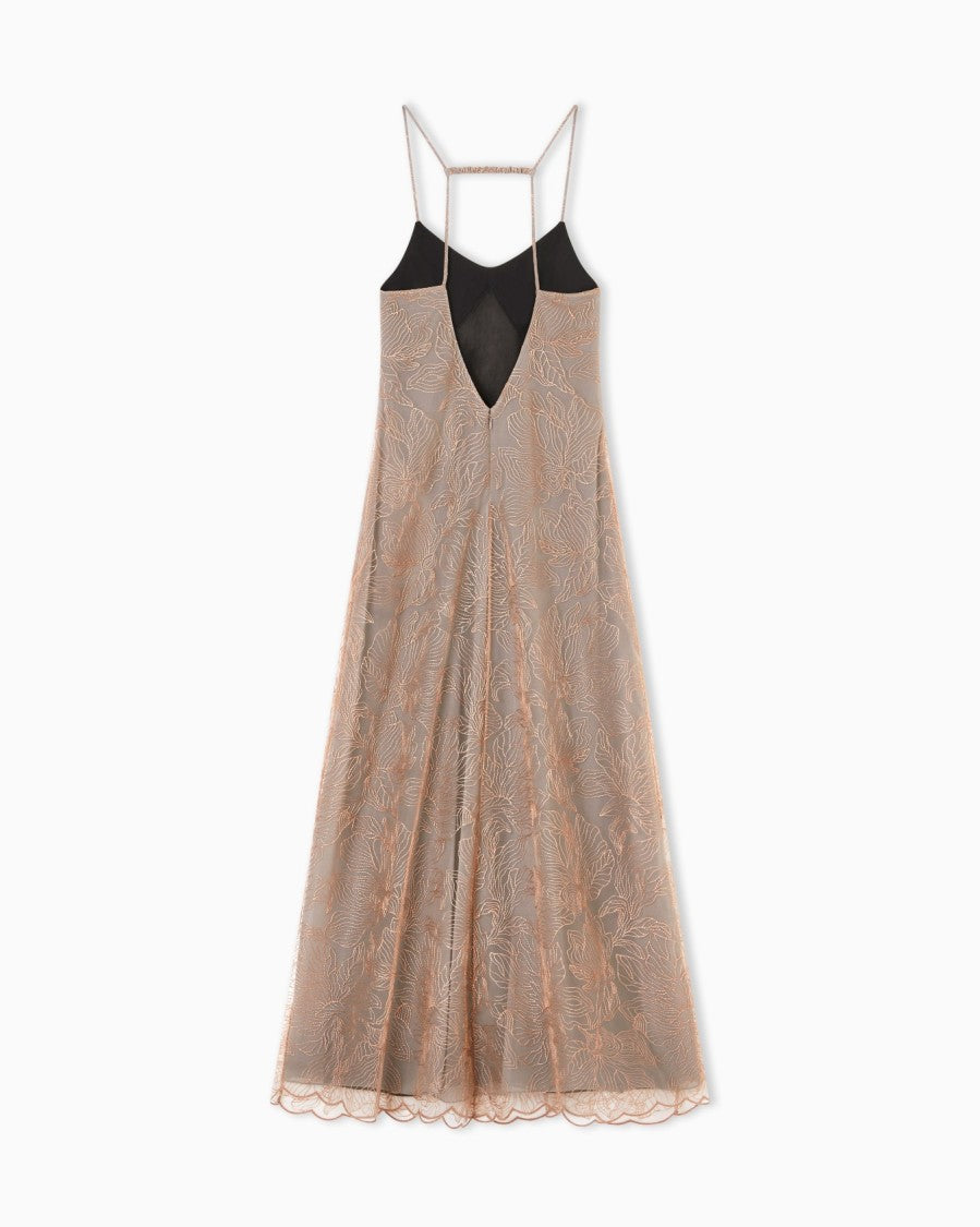 Emporio Armani Long Embroidered Tulle V Neck Dress