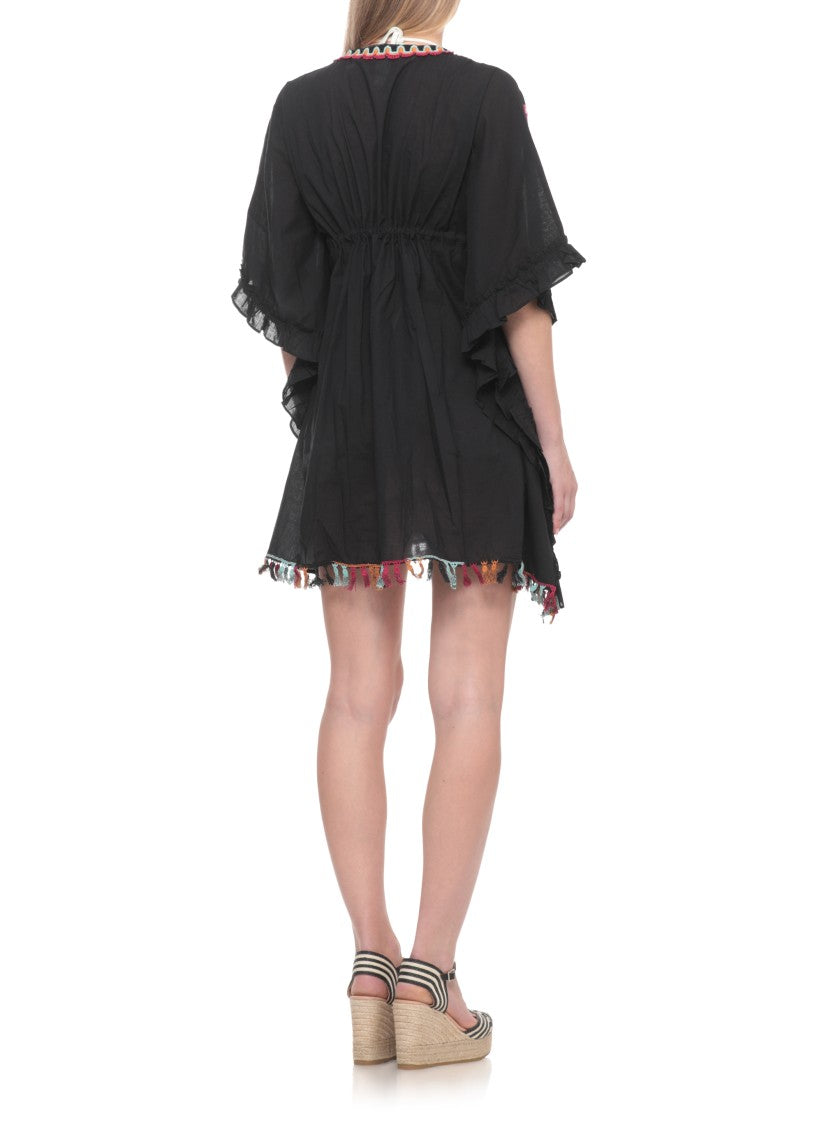 Miss Bikini Black Floral Embroidered Cotton Poncho