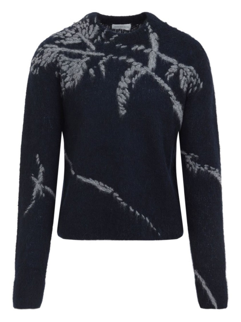 Dries Van Noten Navy Blue Wool Blend Floral Sweater
