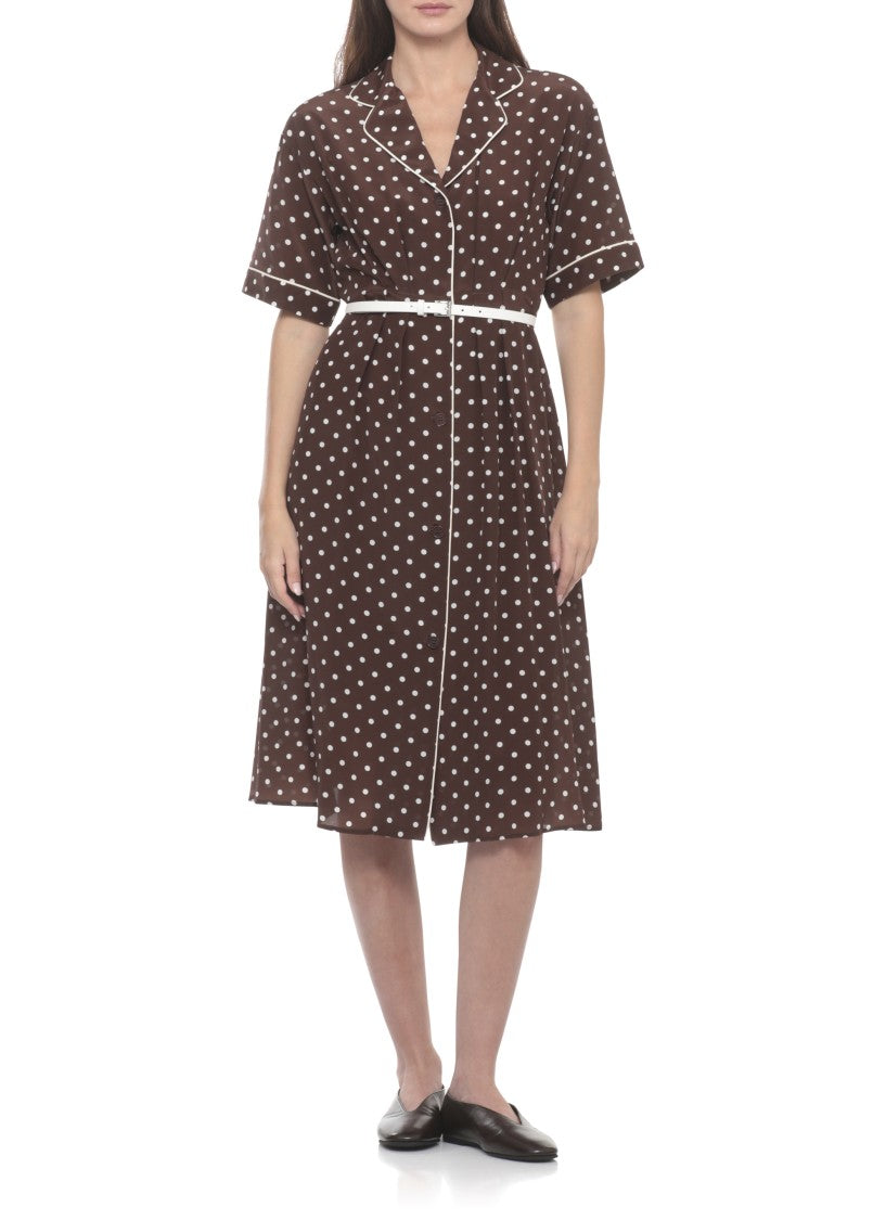 Parosh Brown Silk Midi Dress With Polka Dot Pattern And Button Closure