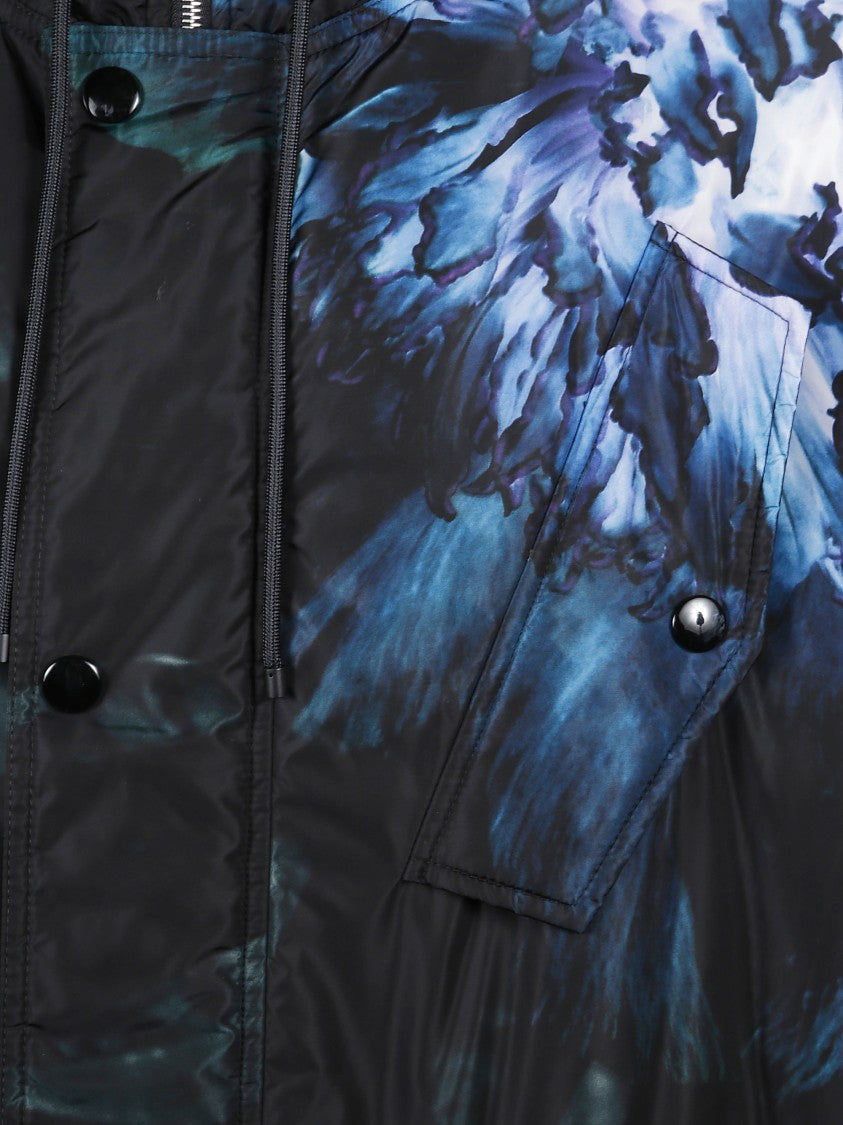 Dries Van Noten Floral Print Long Parka With Drawstring Hood And Functional Pockets