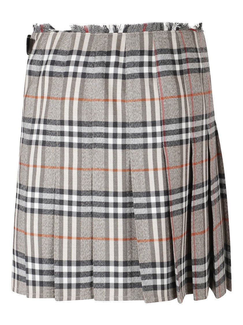 Burberry Plaid Pleated Skirt With Frayed Hem And Buckle Accents