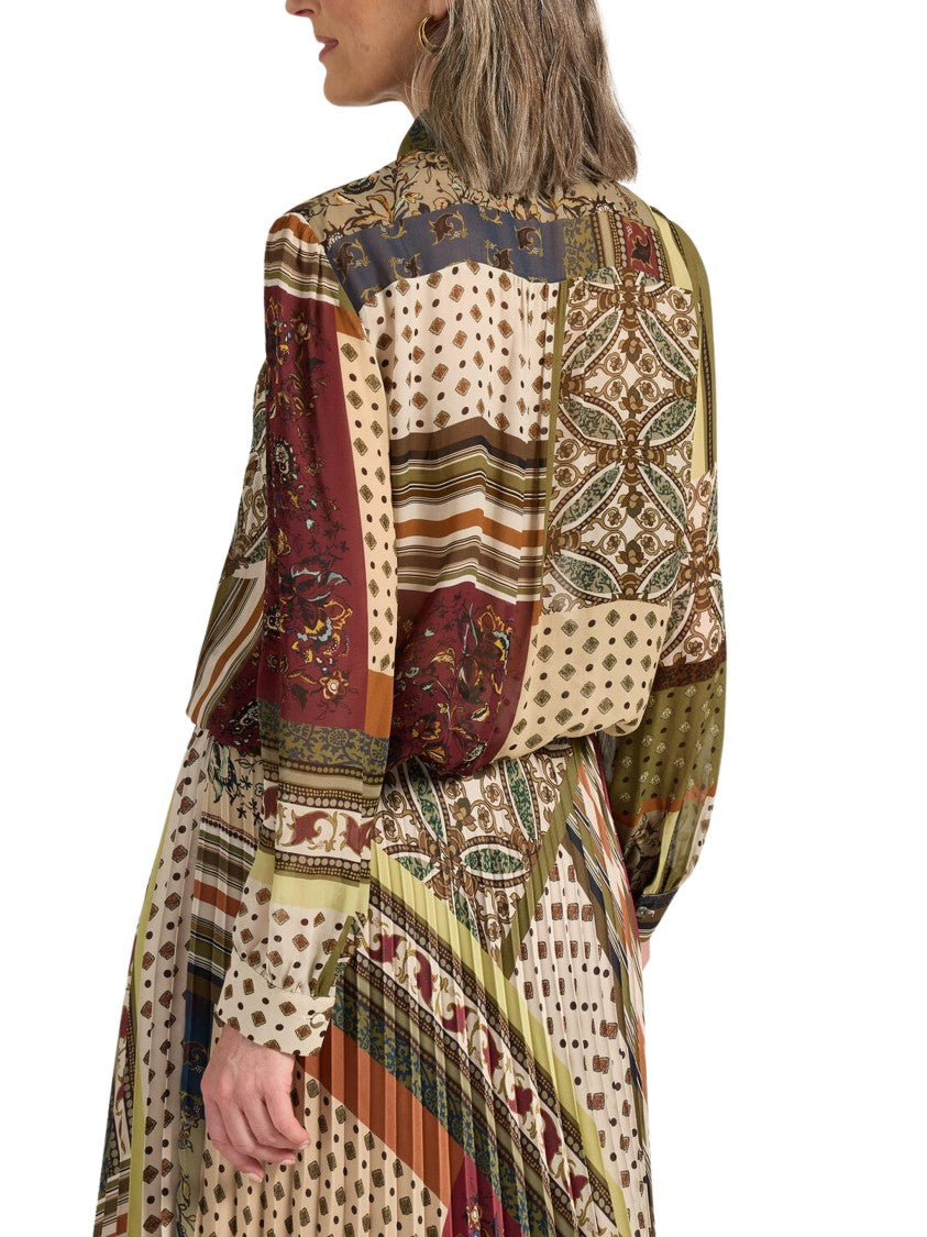 Elena Miro` Patchwork Viscose Tie-Neck Scarf Blouse