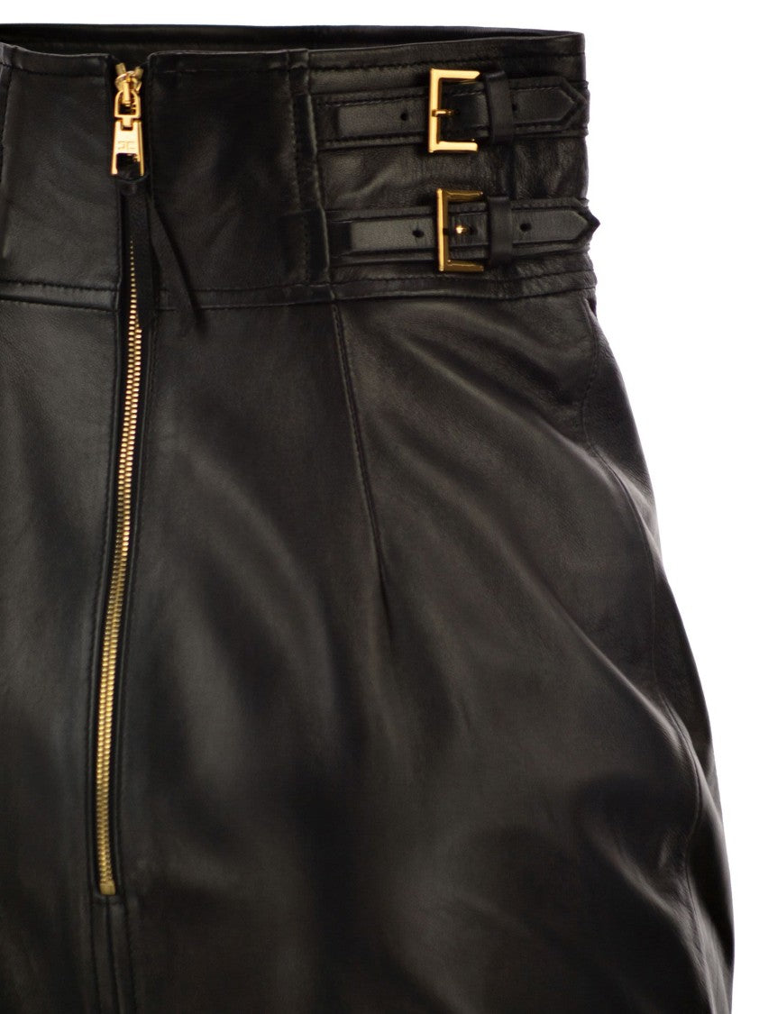 Elisabetta Franchi Midi Leather Skirt With Embossed Logo