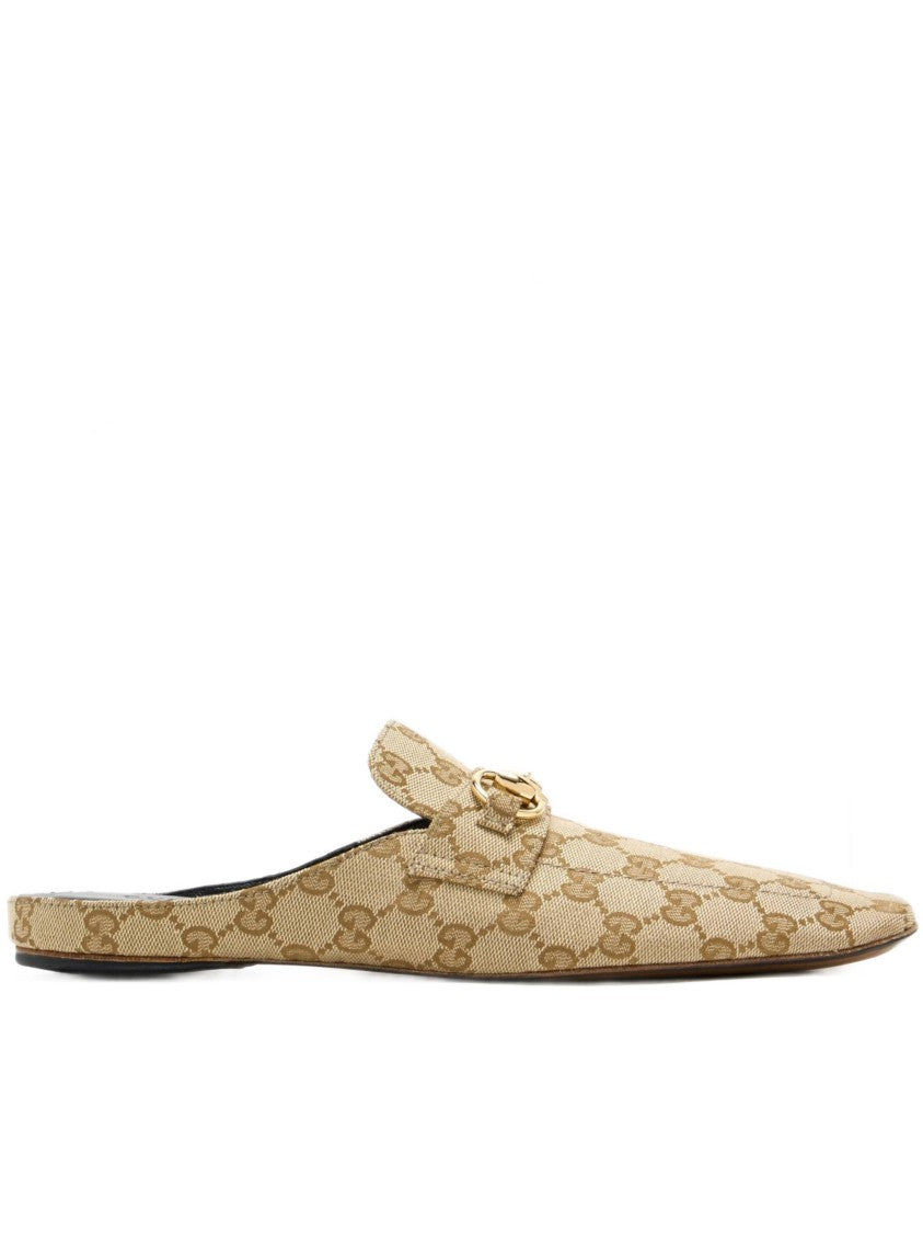 Gucci Slip-On Beige Canvas Mules With Monogram Pattern And Gold-Tone Horsebit
