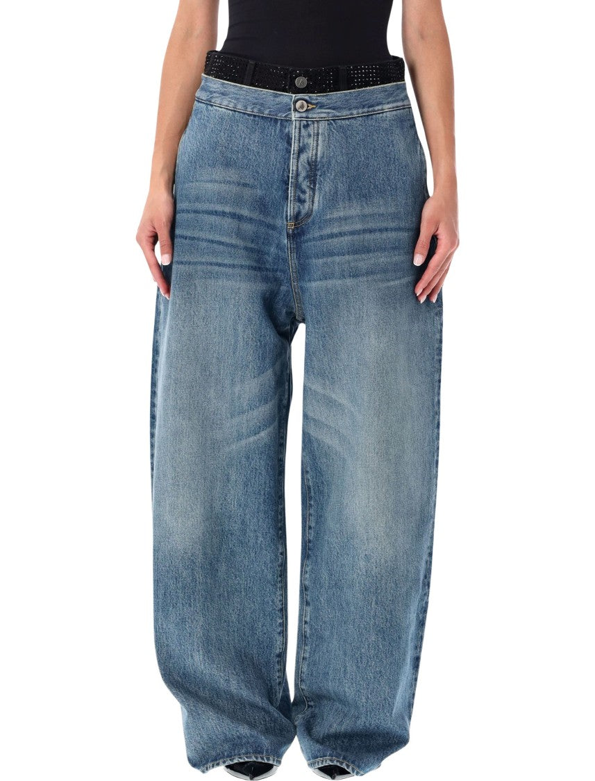 The Attico Strass Layered-Waist Wide-Leg Jeans