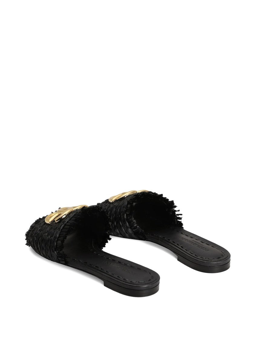 Dolce & Gabbana Black Woven Texture Gold Logo Sandals