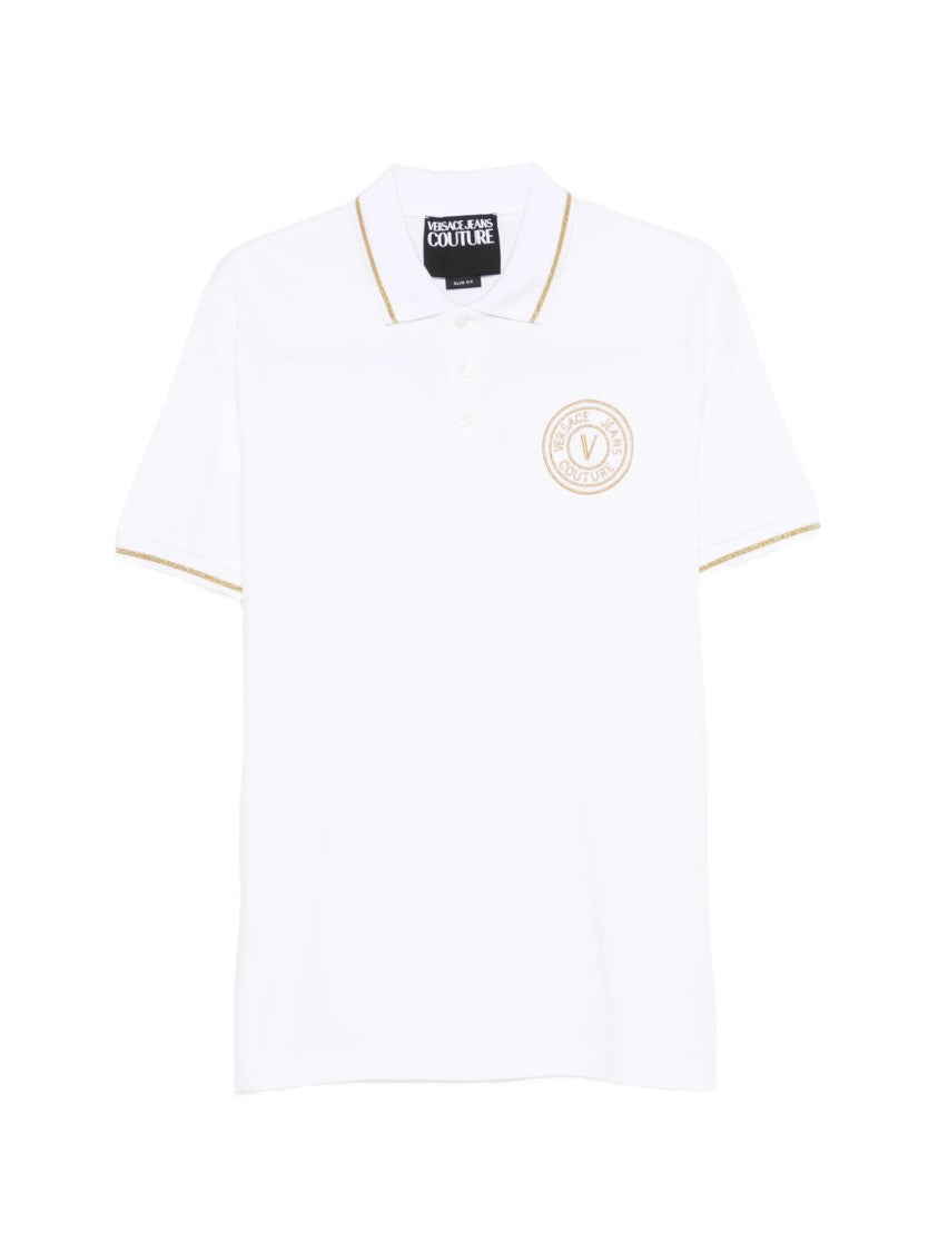 Versace Jeans Couture White Cotton Beige Embellished Polo Shirt