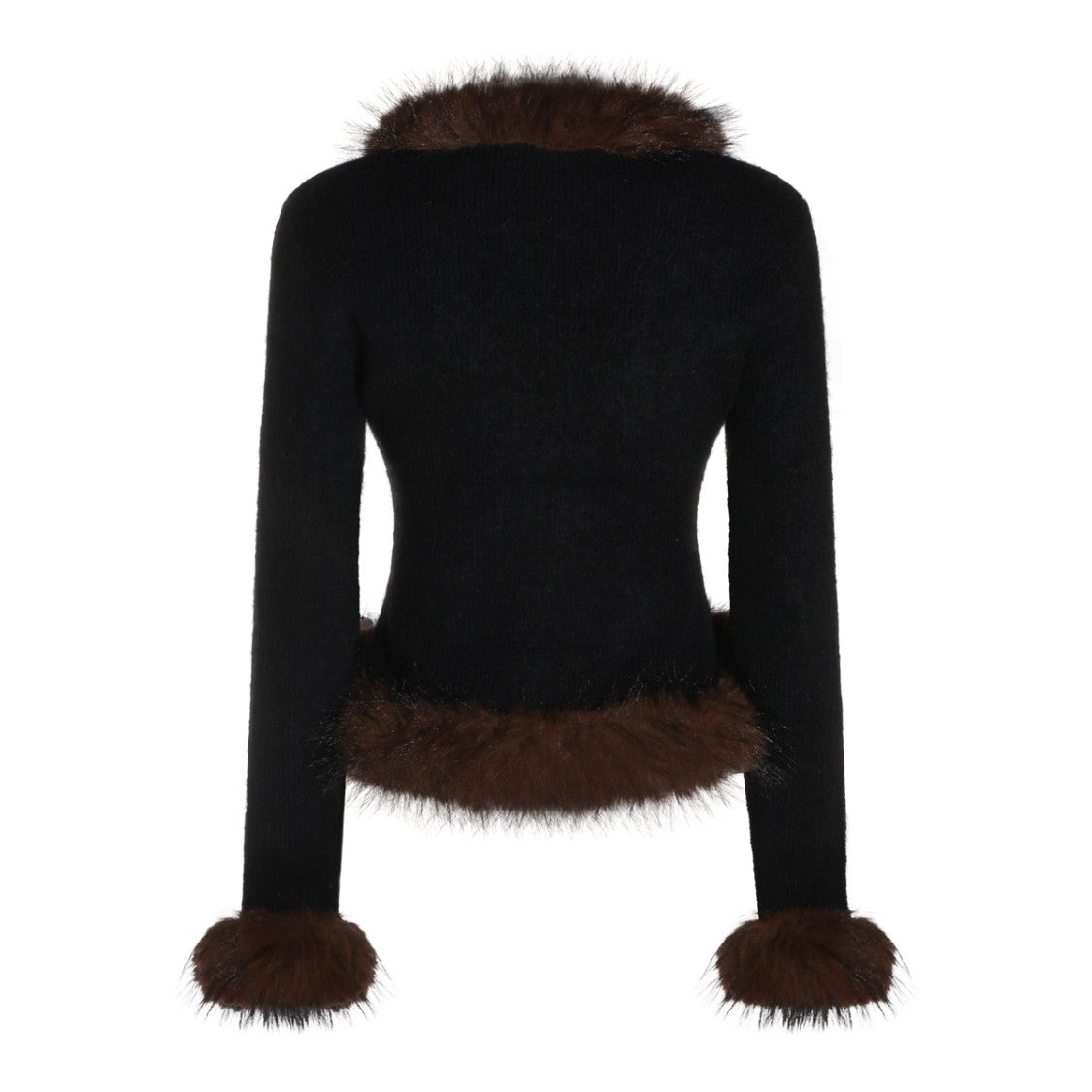 Self-Portrait Black Dark Brown Fur Trim Fitted Sweater