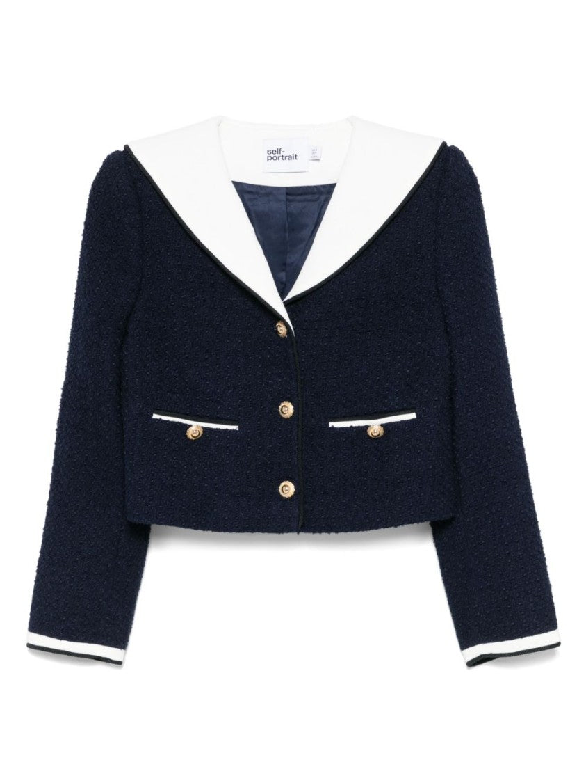 Self-Portrait Navy Blue Contrast Bouclé Collar Jacket