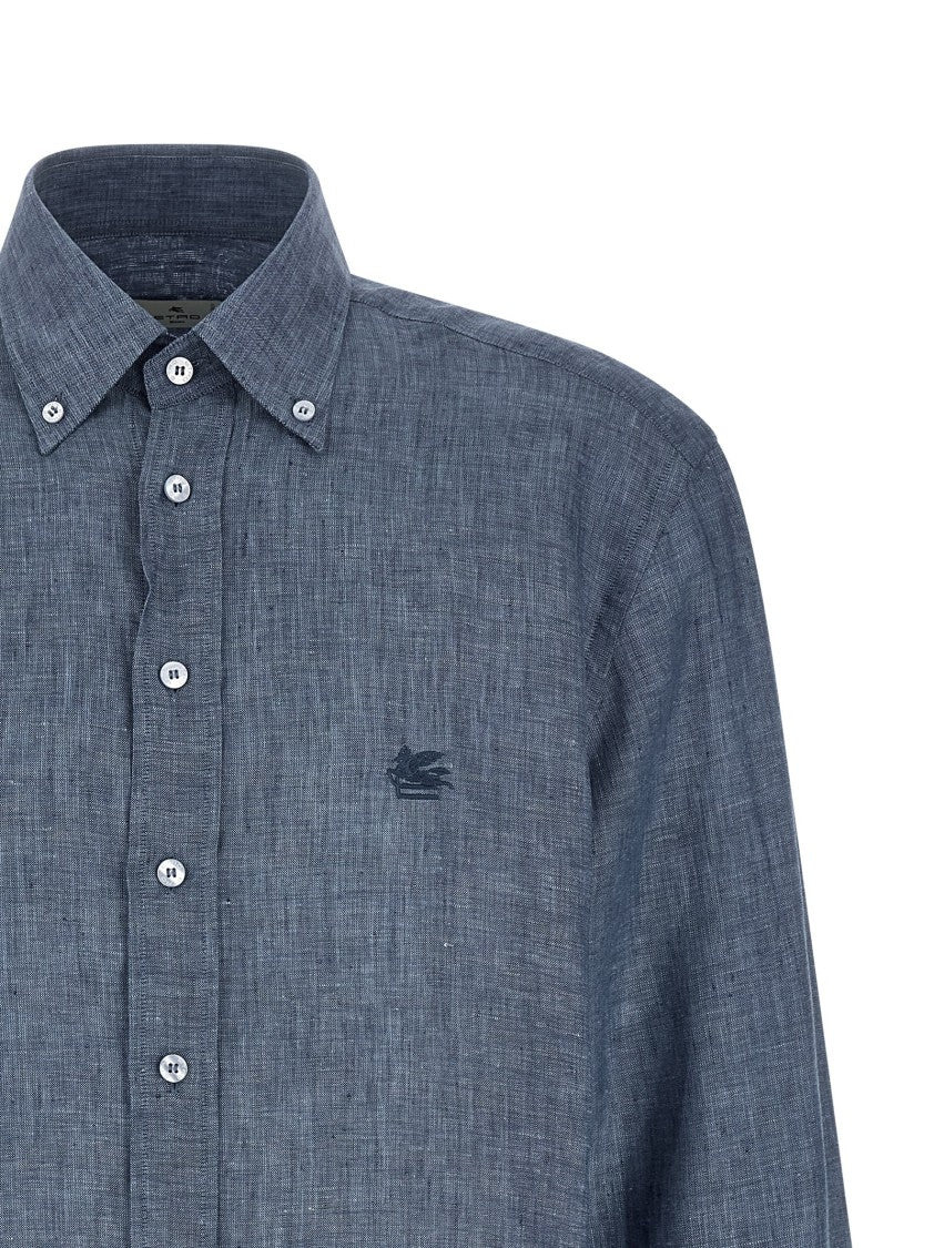 Etro Mélange Linen Shirt With Tone-On-Tone 'Pegaso' Embroidered Logo