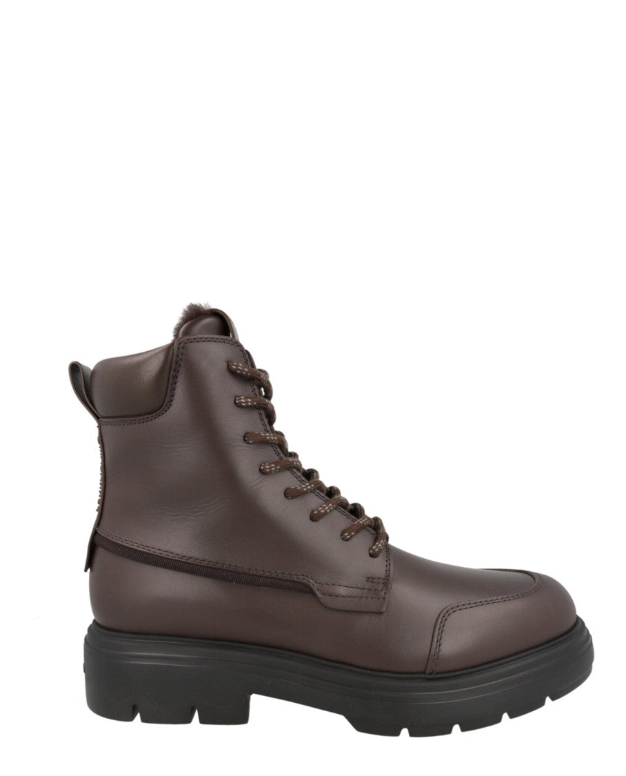 Ferragamo Brown Leather Combat Boots With Block Heel And Side Zippers
