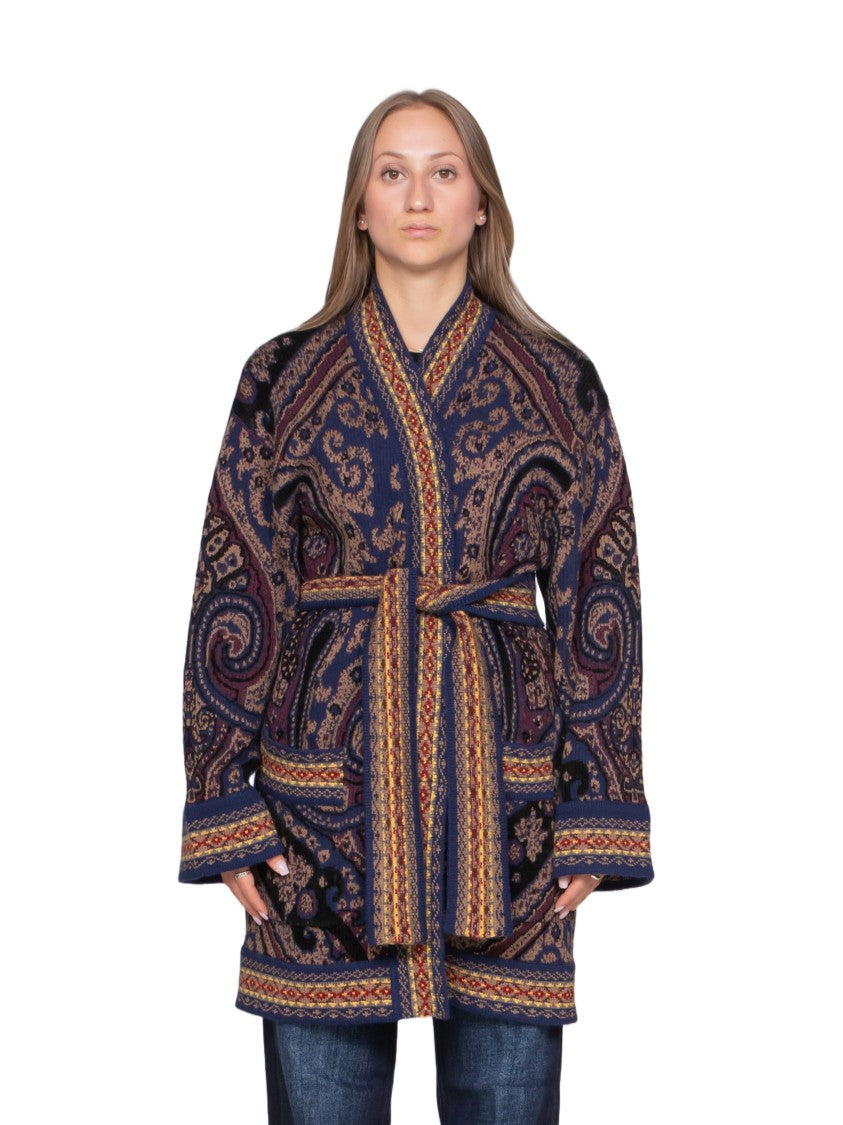 Etro Ornamental Paisley Cardigan With Belted Waist And Geometric Trim