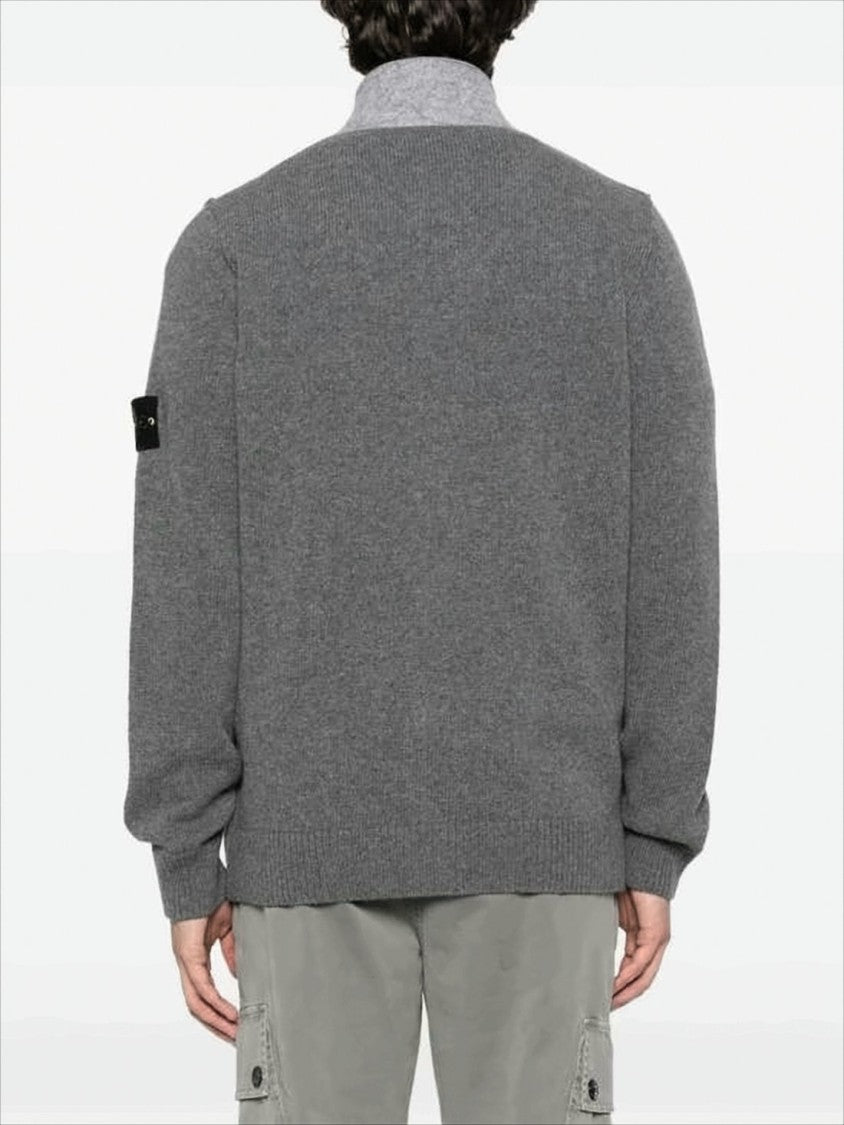 Stone Island Soft Grey Knit Cardigan With Button-Up Front And Signature Patch