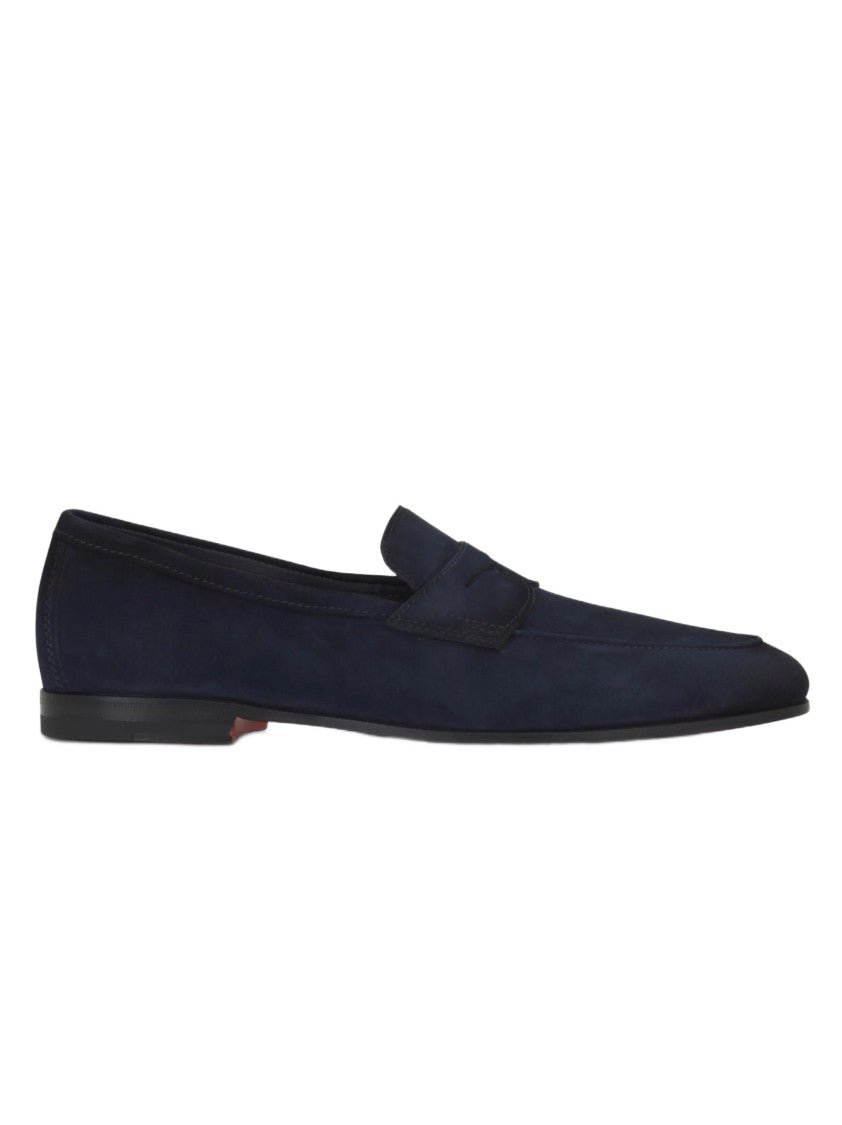 Santoni Low-Profile Dark Blue Loafers With Subtle Strap Detail