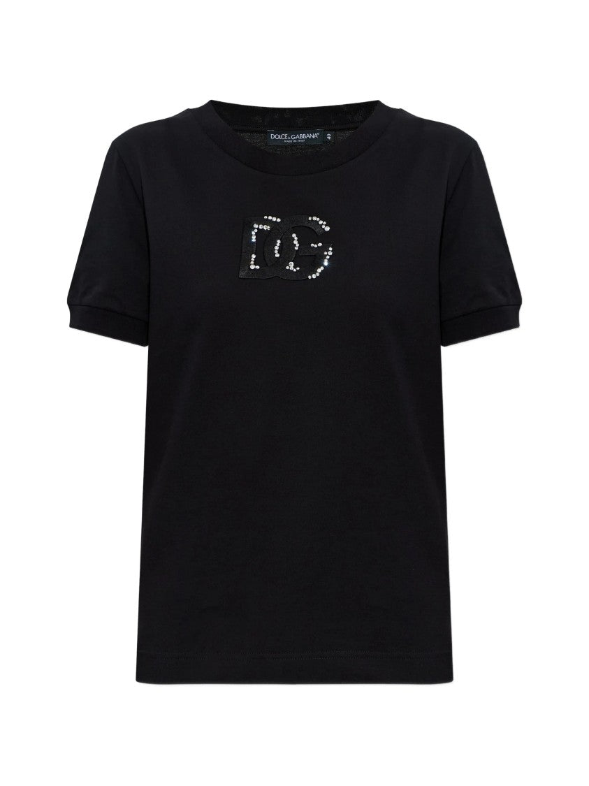 Dolce & Gabbana Black Cotton Rhinestone Embellished Logo T-Shirt