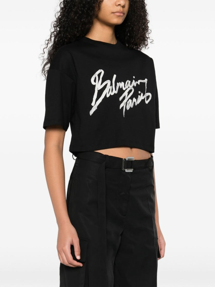 Balmain Cropped Black T-Shirt With Bold White Logo