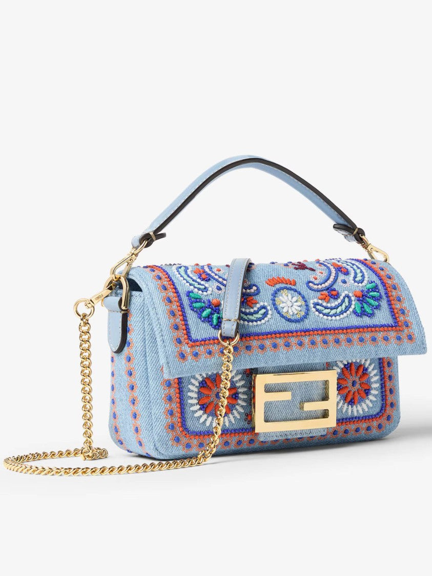 Fendi Rectangular Denim Mini Baguette With Floral Embroidery And Gold-Tone Clasp