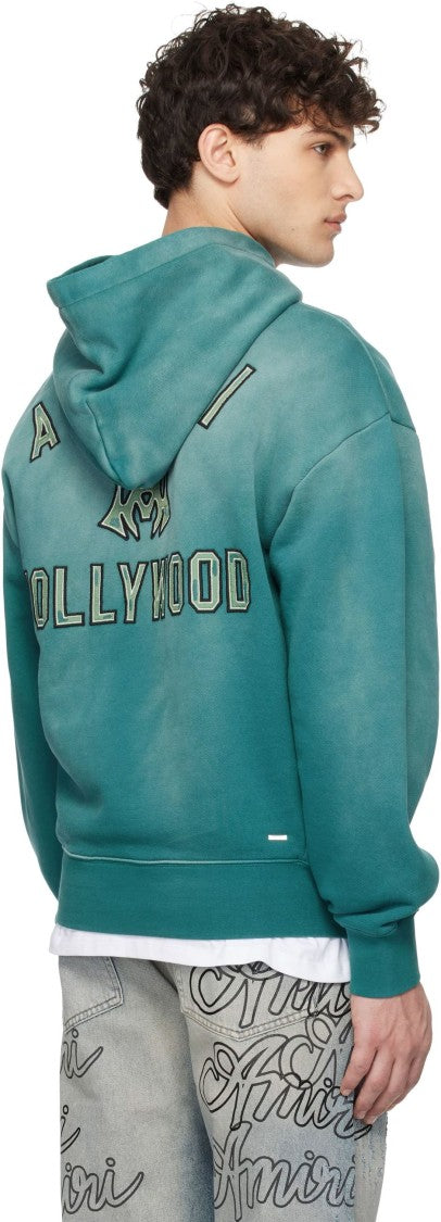 Amiri Faded Teal Oversized Hoodie With Graphic Patches