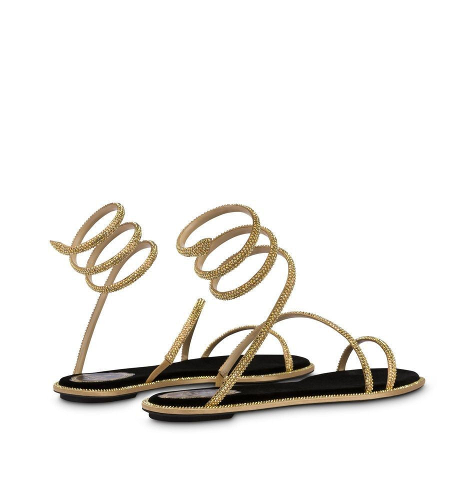 René Caovilla Cleo Black And Gold Flat Sanda