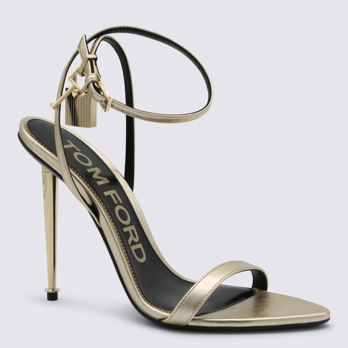 Tom Ford Gold Metallic Stiletto Sandals With Decorative Padlock Charm
