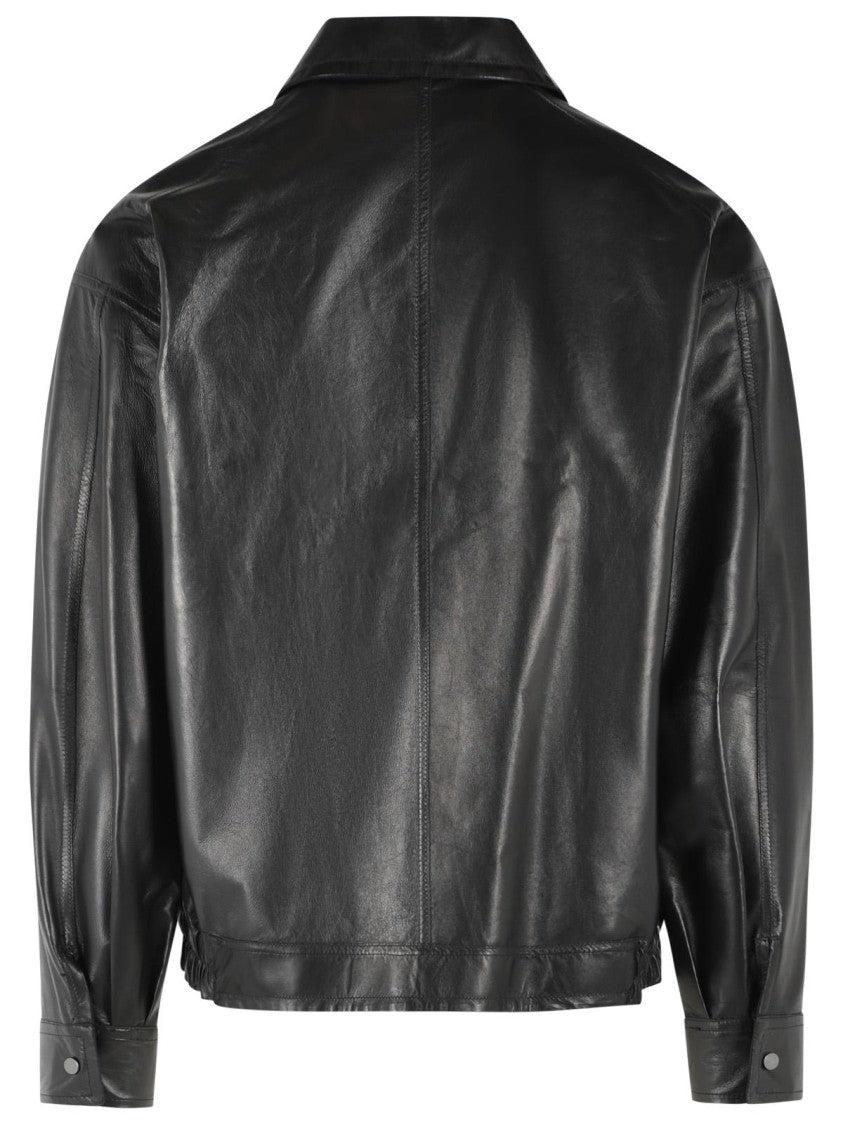 Salvatore Santoro Elastic Hem Pointed Collar Leather Jacket - Black