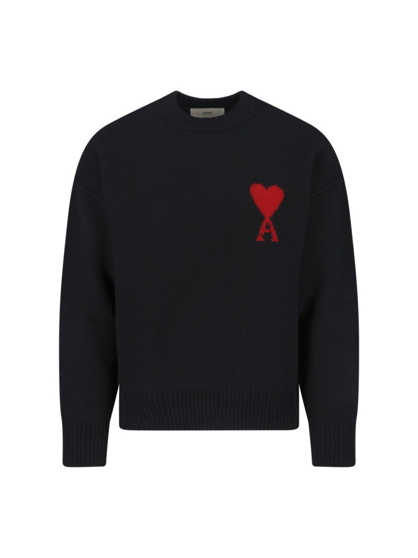Ami Paris Dropped Shoulder Black Wool Sweater With Contrast Logo