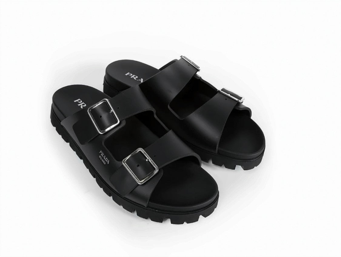 Prada Black Chunky Buckles Contoured Footbed Sandals