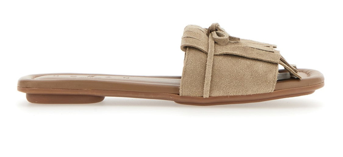 Hogan Beige Suede Slip-On Sandals With Fringe