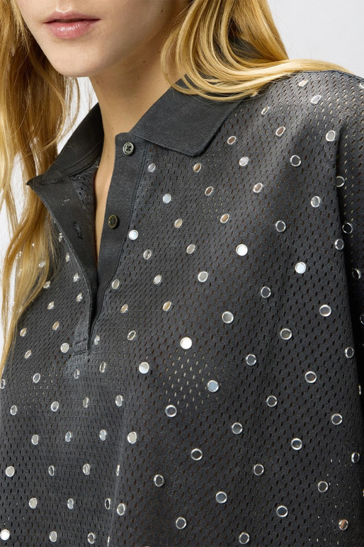 Pinko Black Polyester Sequin-Dot Cropped Polo