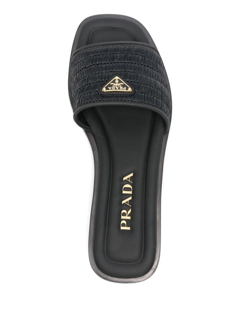 Prada Black Sandals With Woven Strap And Logo Accents